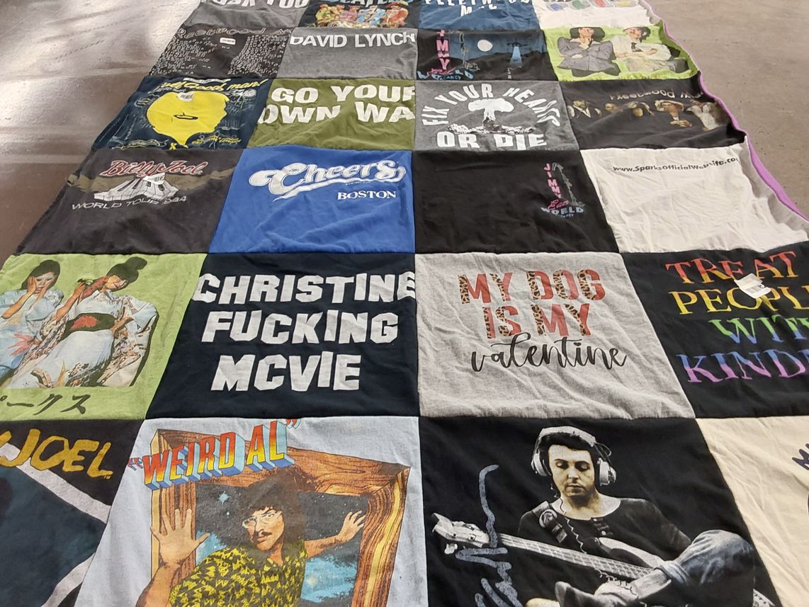 T-shirt quilt with music, comedy themes by Amber from MO