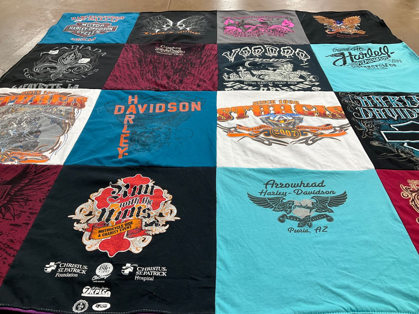 T-shirt quilt with motorcycles, charity events themes by Mary from LA