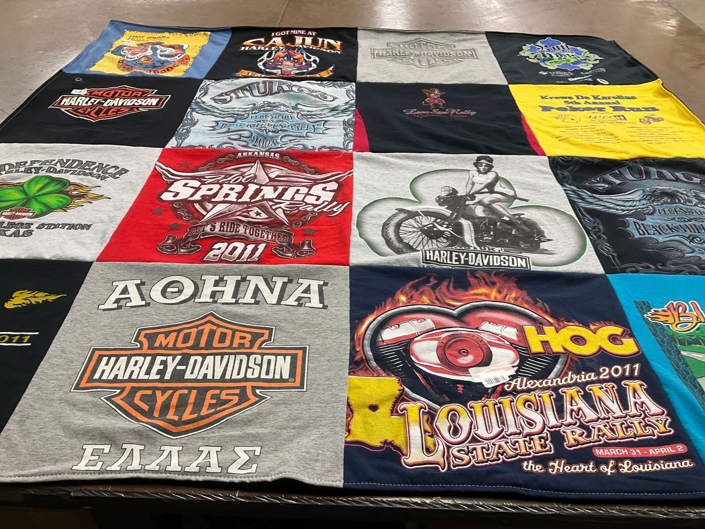 T-shirt quilt with motorcycling, biking themes by Mary from LA