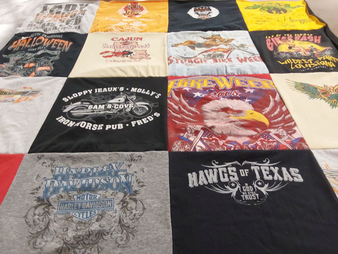 T-shirt quilt with biking, motorcycles themes by Mary from LA