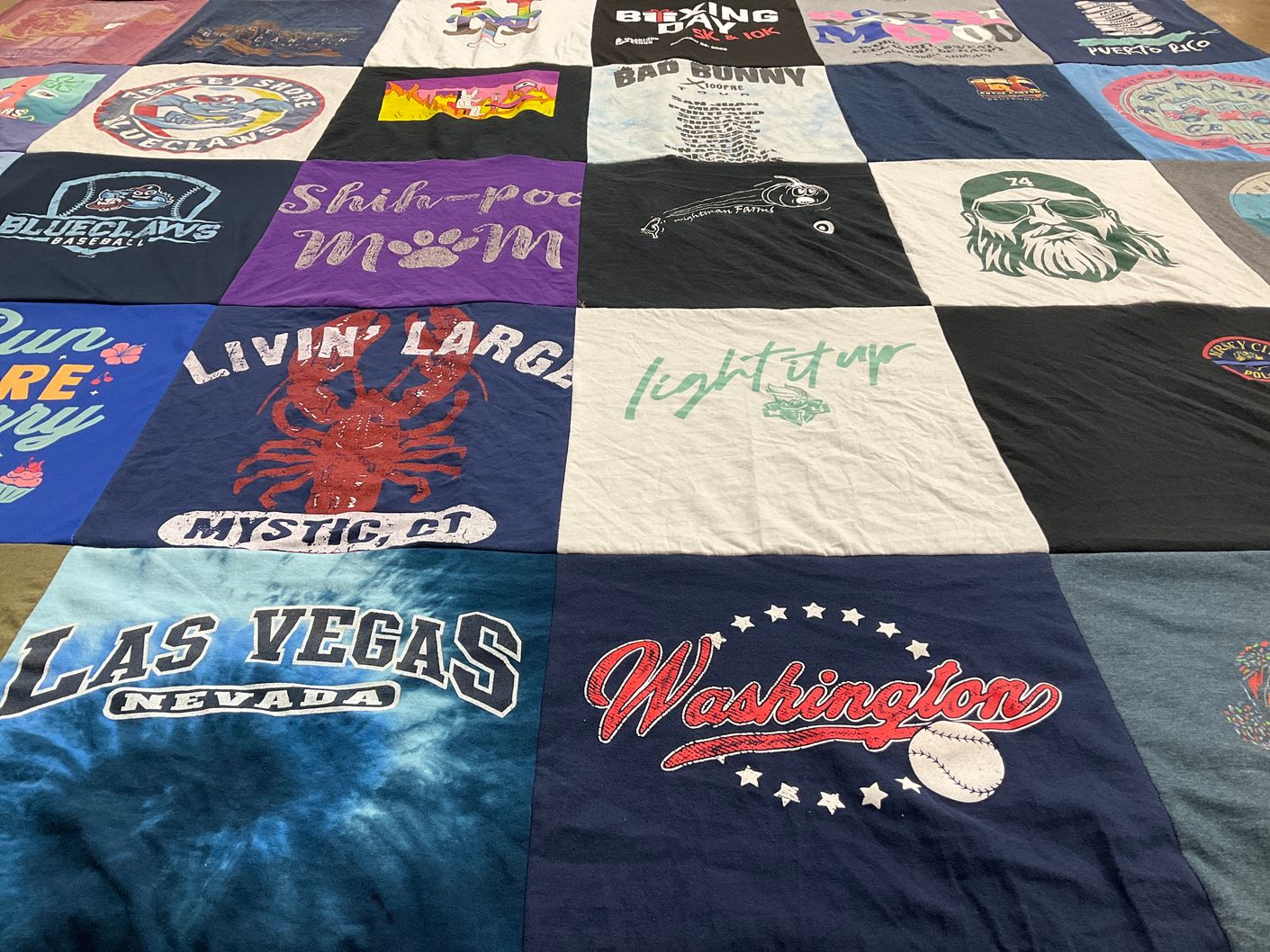 T-shirt quilt with baseball, travel themes by Debbie from NJ