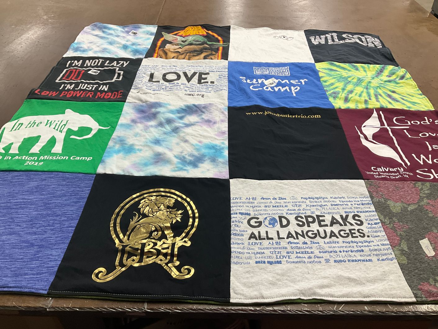 T-shirt quilt with mission, camping themes by Serena from VA