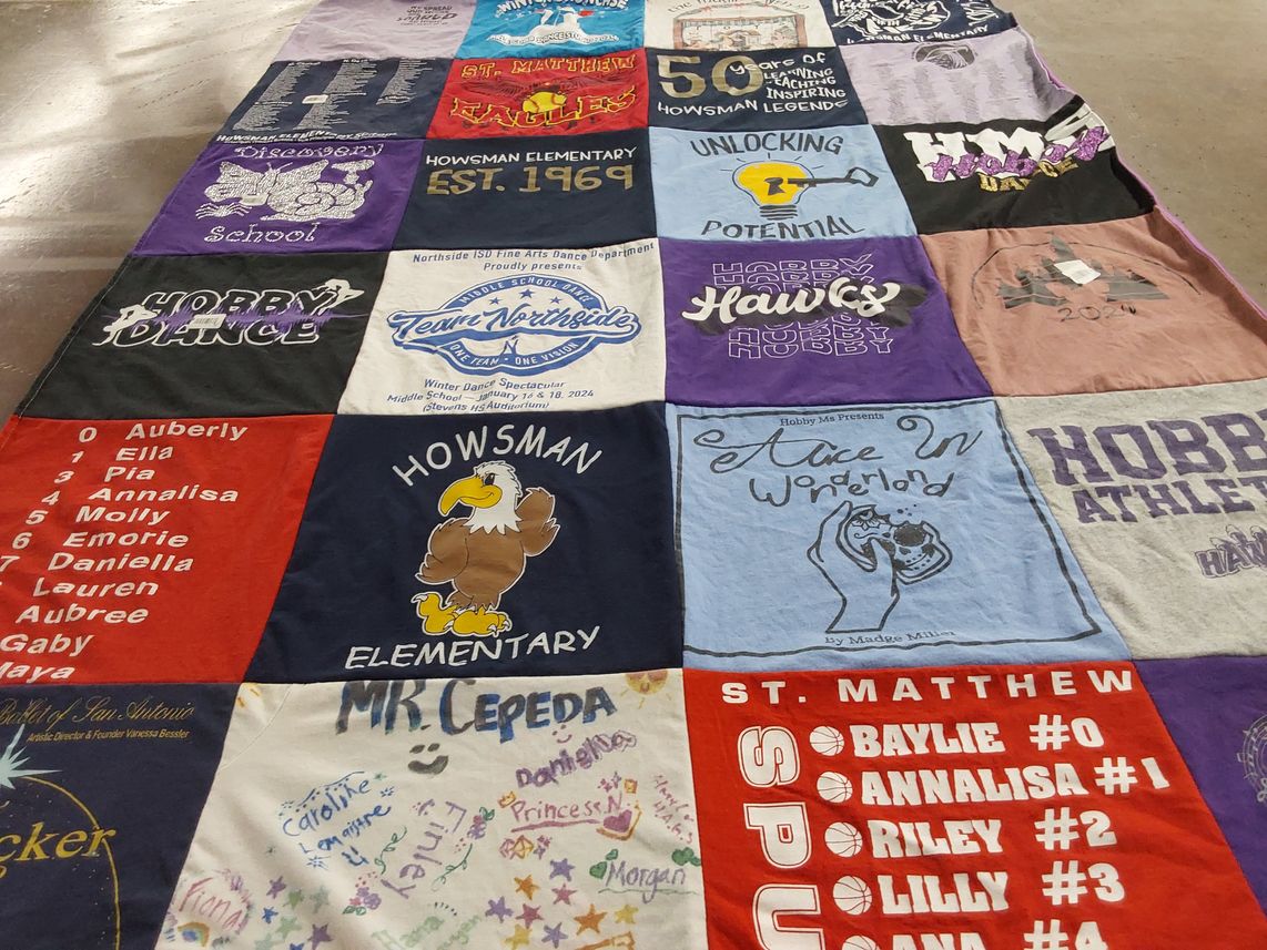 T-shirt quilt featuring northside hawks, st. matthew's spurs by Wendy from TX