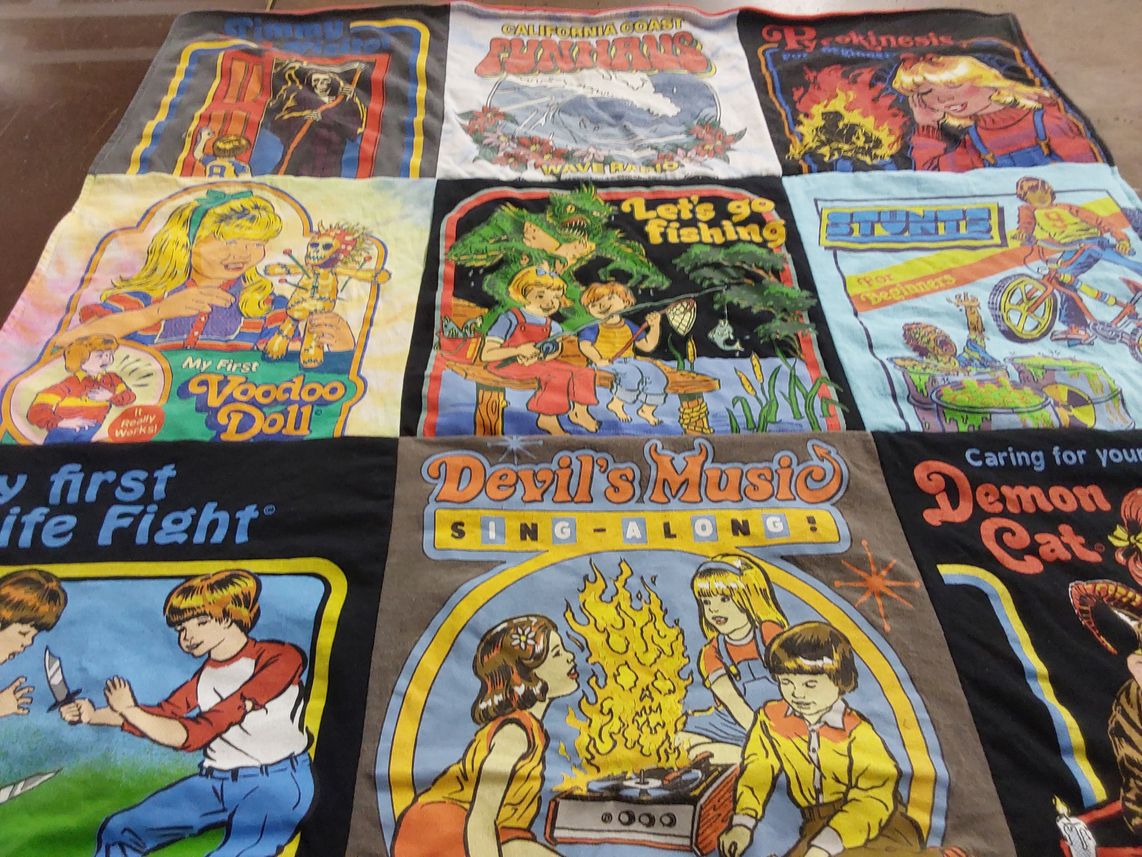 T-shirt quilt with collectibles, nostalgia themes by Christopher from CA