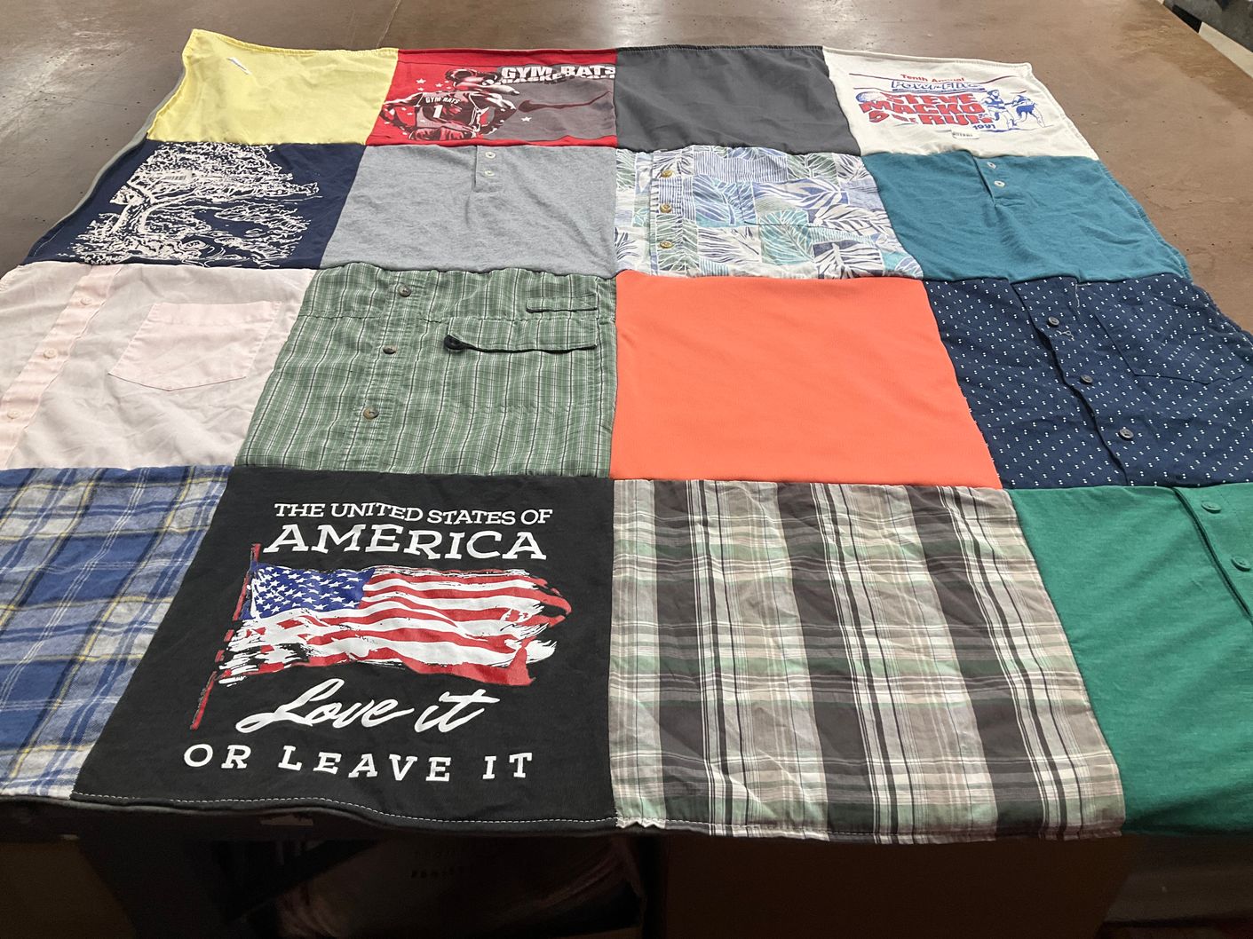 T-shirt quilt with patriotism, fitness themes by Lori from TX