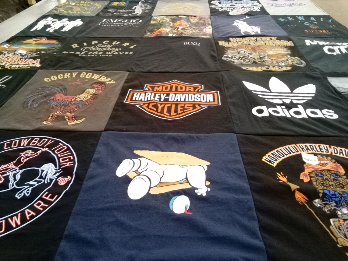 T-shirt quilt with motorcycles, surfing themes by SALLY from CA