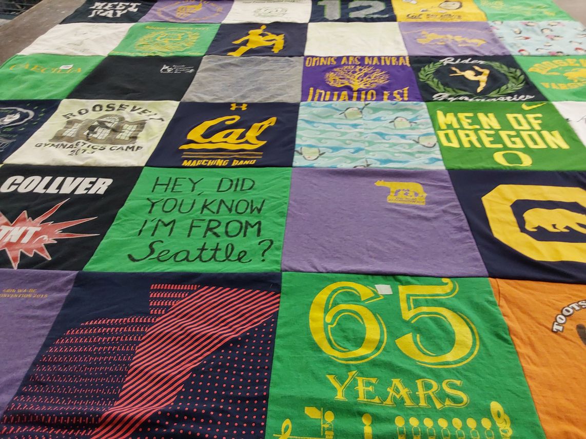 T-shirt quilt from roosevelt university, university of california by Jan from WA