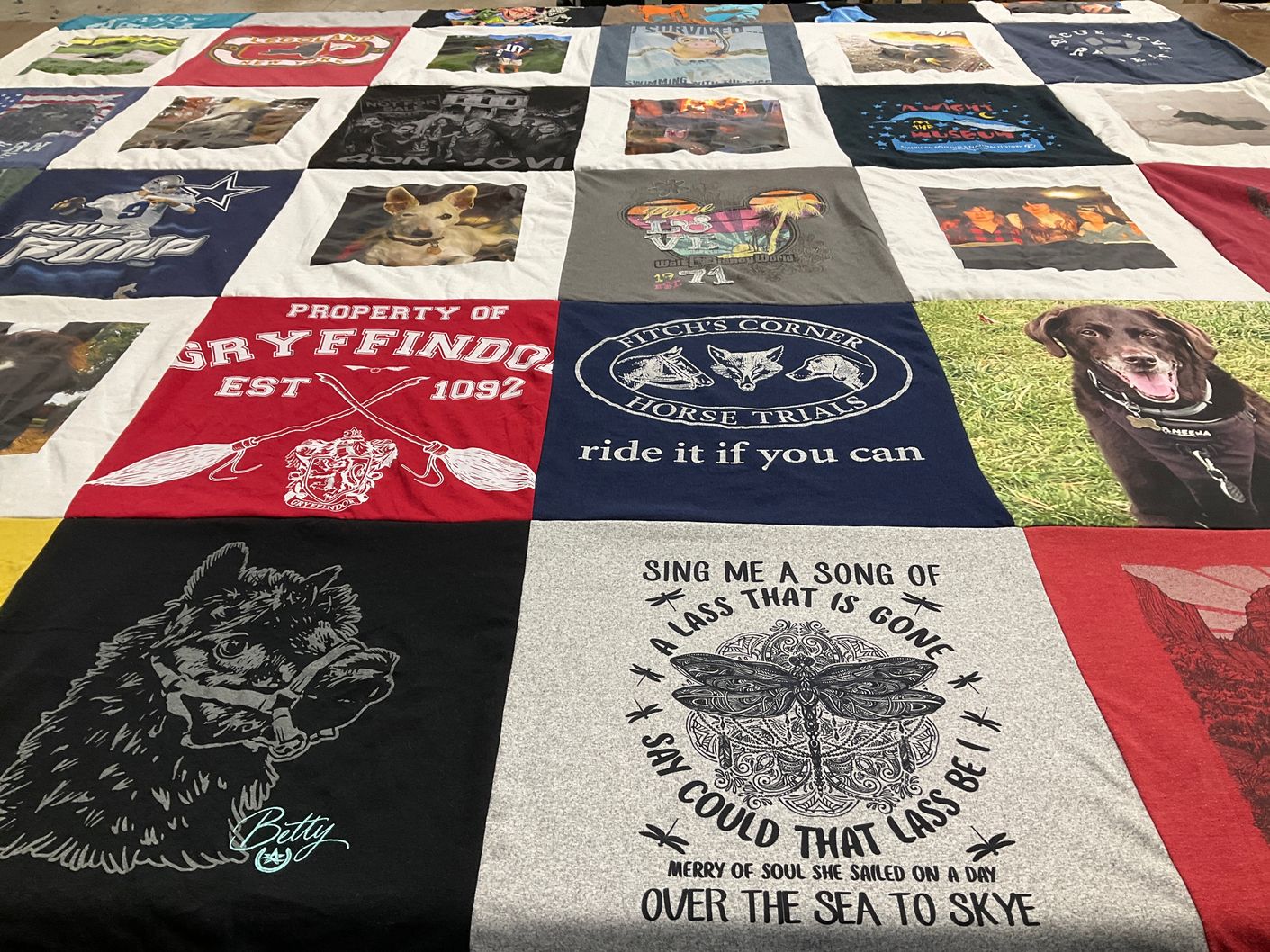 T-shirt quilt with dogs, horses themes by Francie from NY