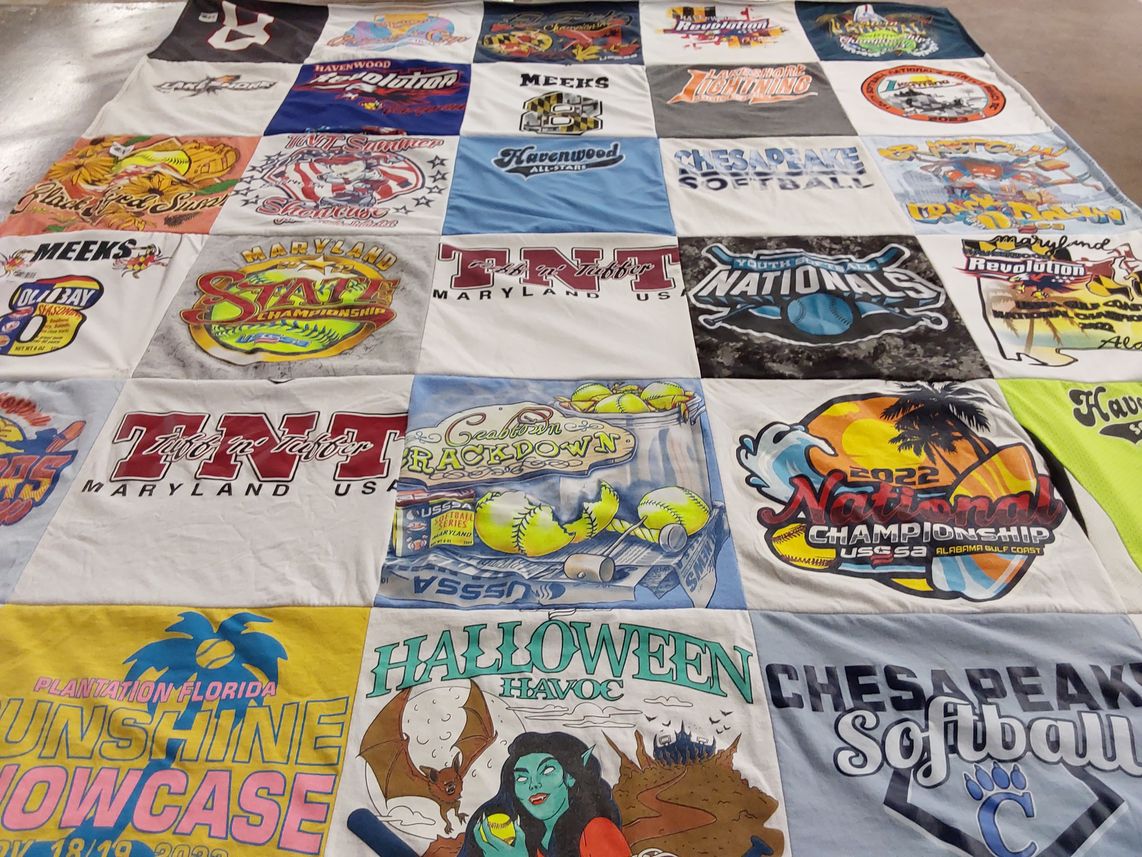 T-shirt quilt with softball, sports themes by Melanie from MD