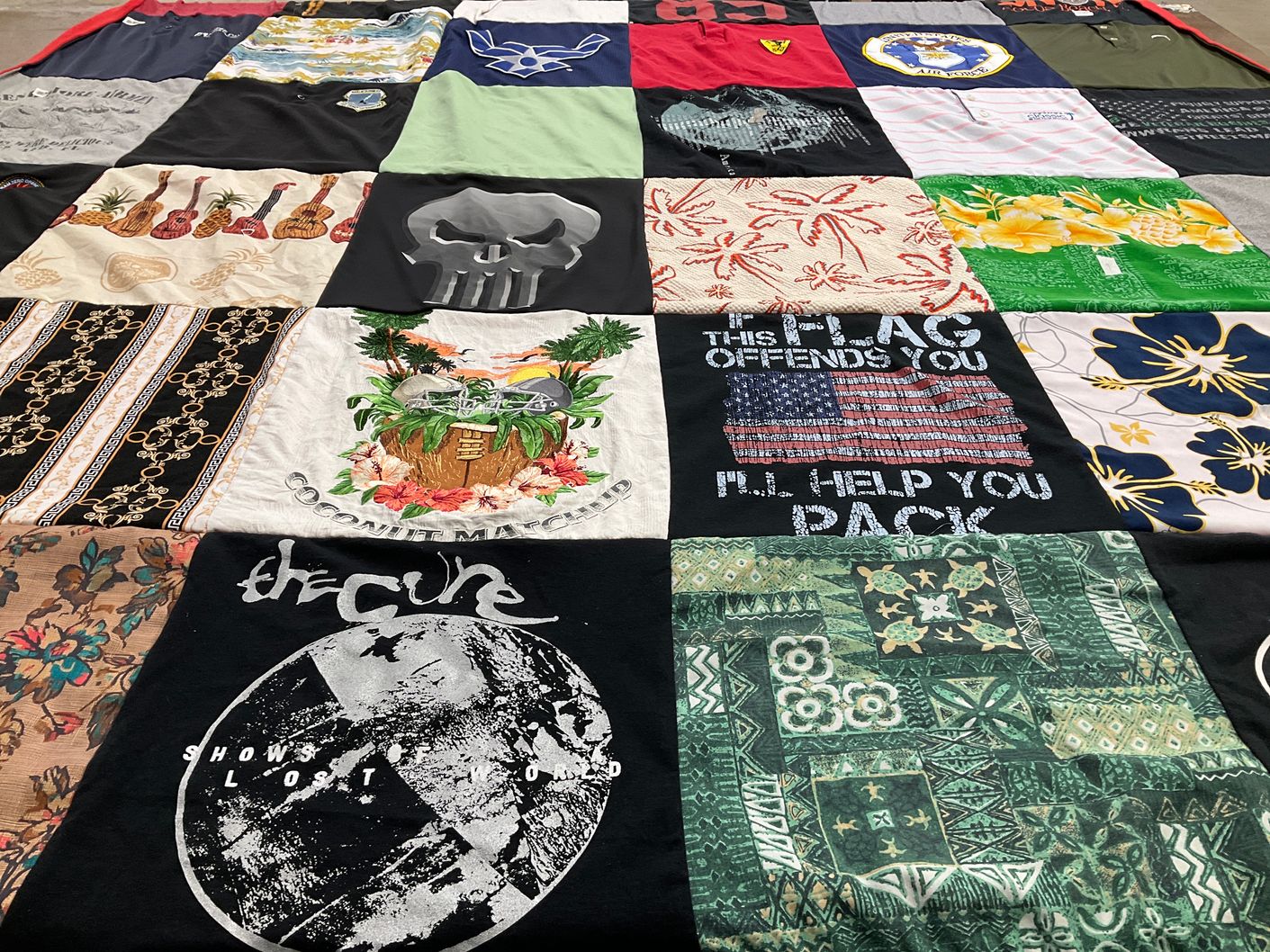 T-shirt quilt with music, flags themes by Stacey from FL