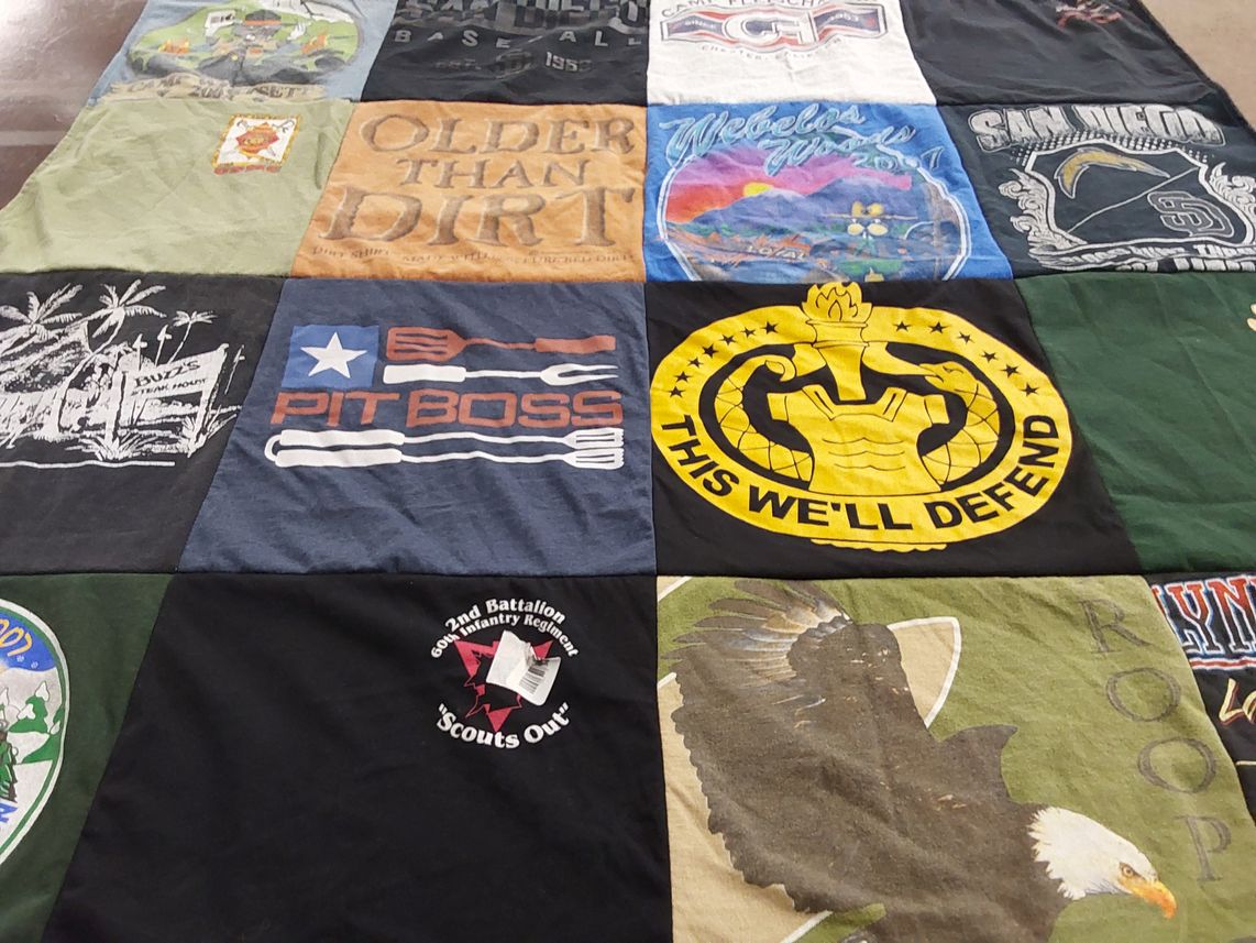 T-shirt quilt with cooking, outdoors themes by Laurence from CA