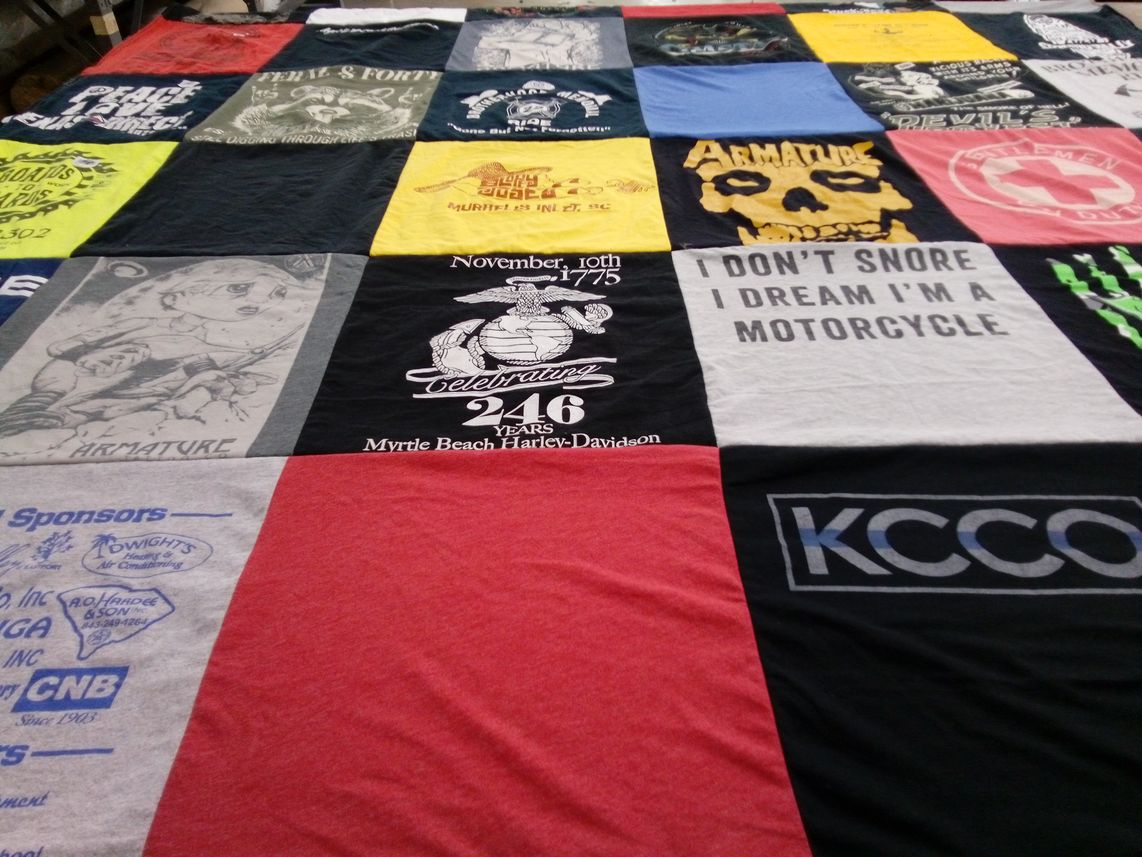 T-shirt quilt with motorcycles, harley davidson themes by Stacie from SC
