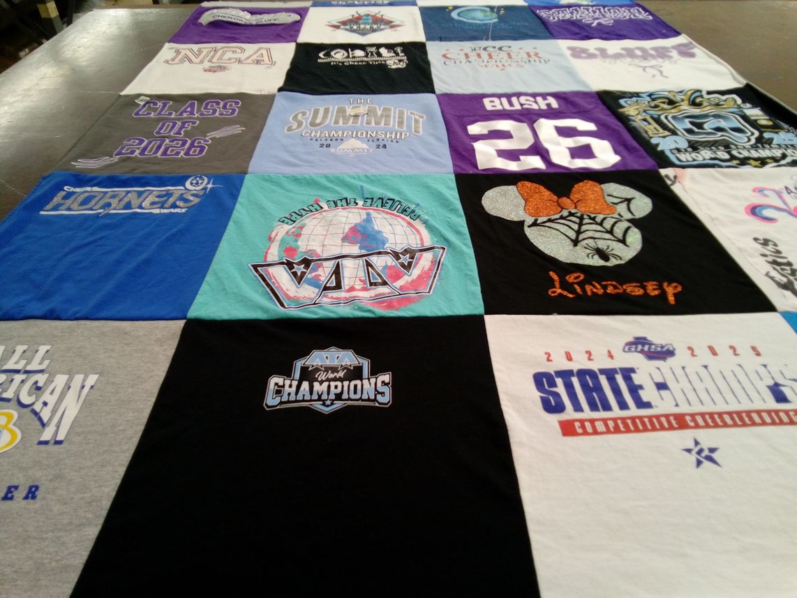 T-shirt quilt with cheerleading, sports themes by jody from GA