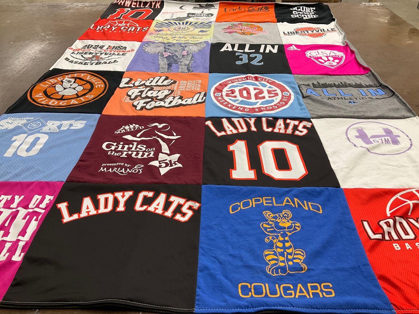 T-shirt quilt featuring lady cats, libertyville wildcats by Lisa from IL