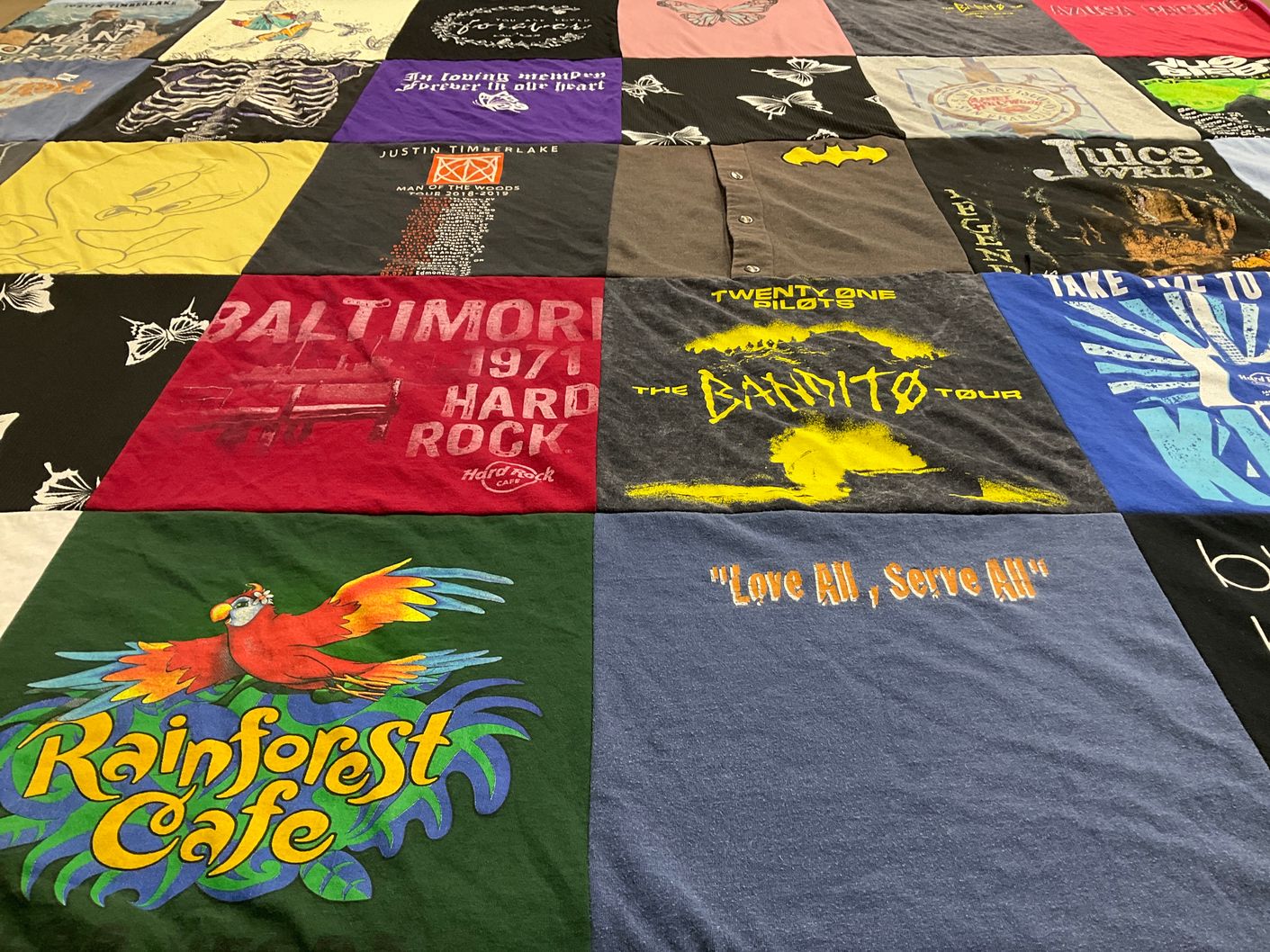 T-shirt quilt with music, restaurants themes by Lauren from CA