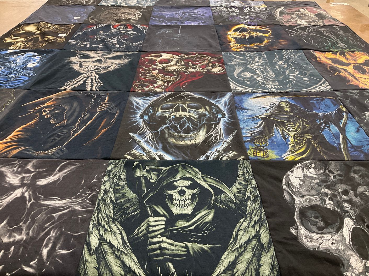 T-shirt quilt with goth culture, horror themes by Sara from AZ