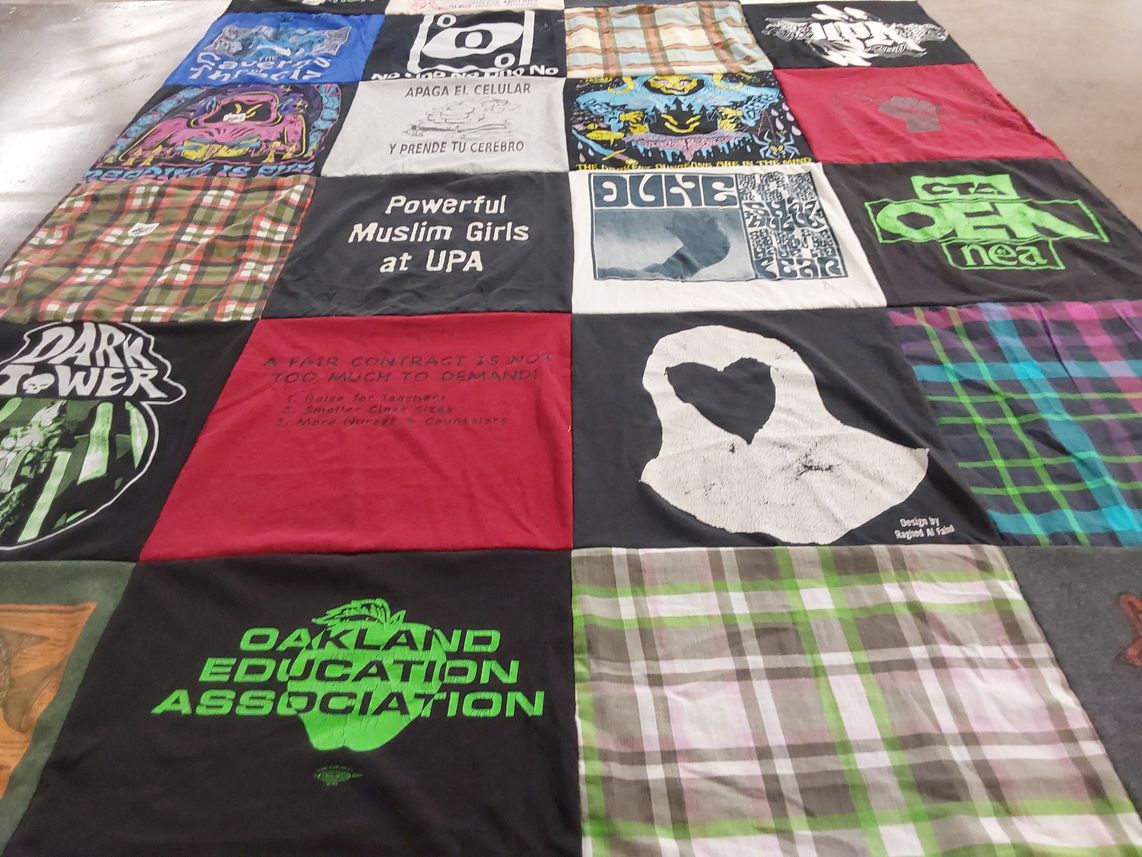 T-shirt quilt with education, activism themes by Adrian from CA