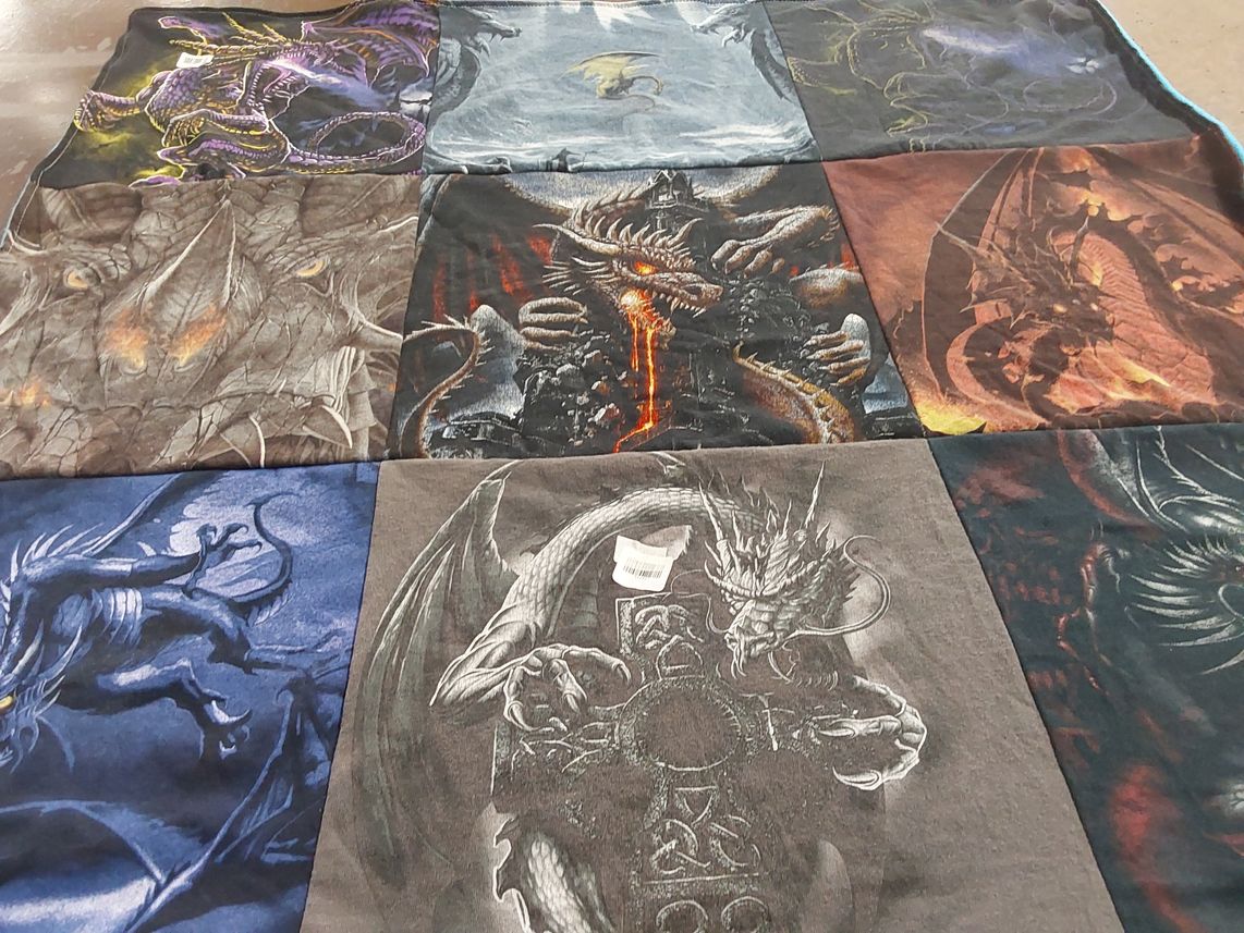 T-shirt quilt with fantasy, gaming themes by Sara from AZ