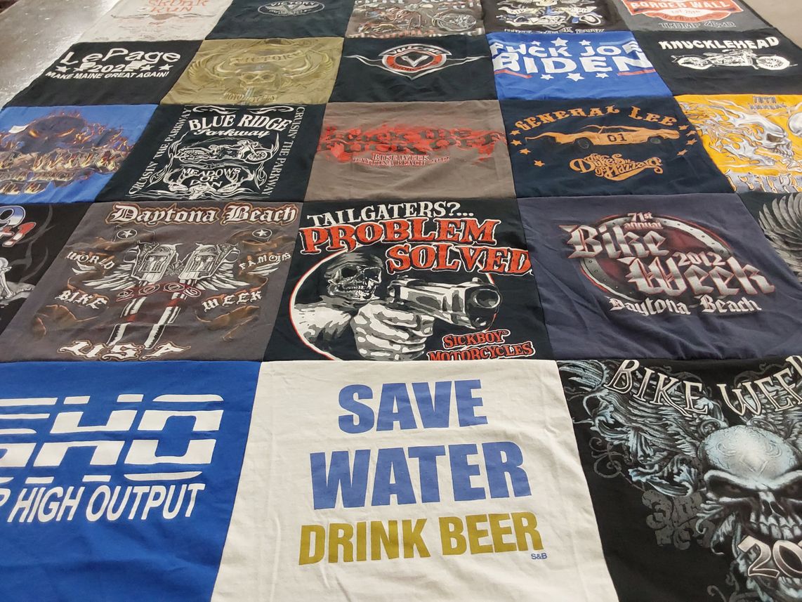 T-shirt quilt with motorcycling, biking themes by carolyn from ME