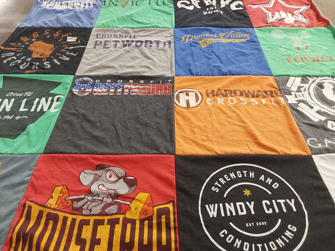 T-shirt quilt with fitness, crossfit themes by Jillian from MD