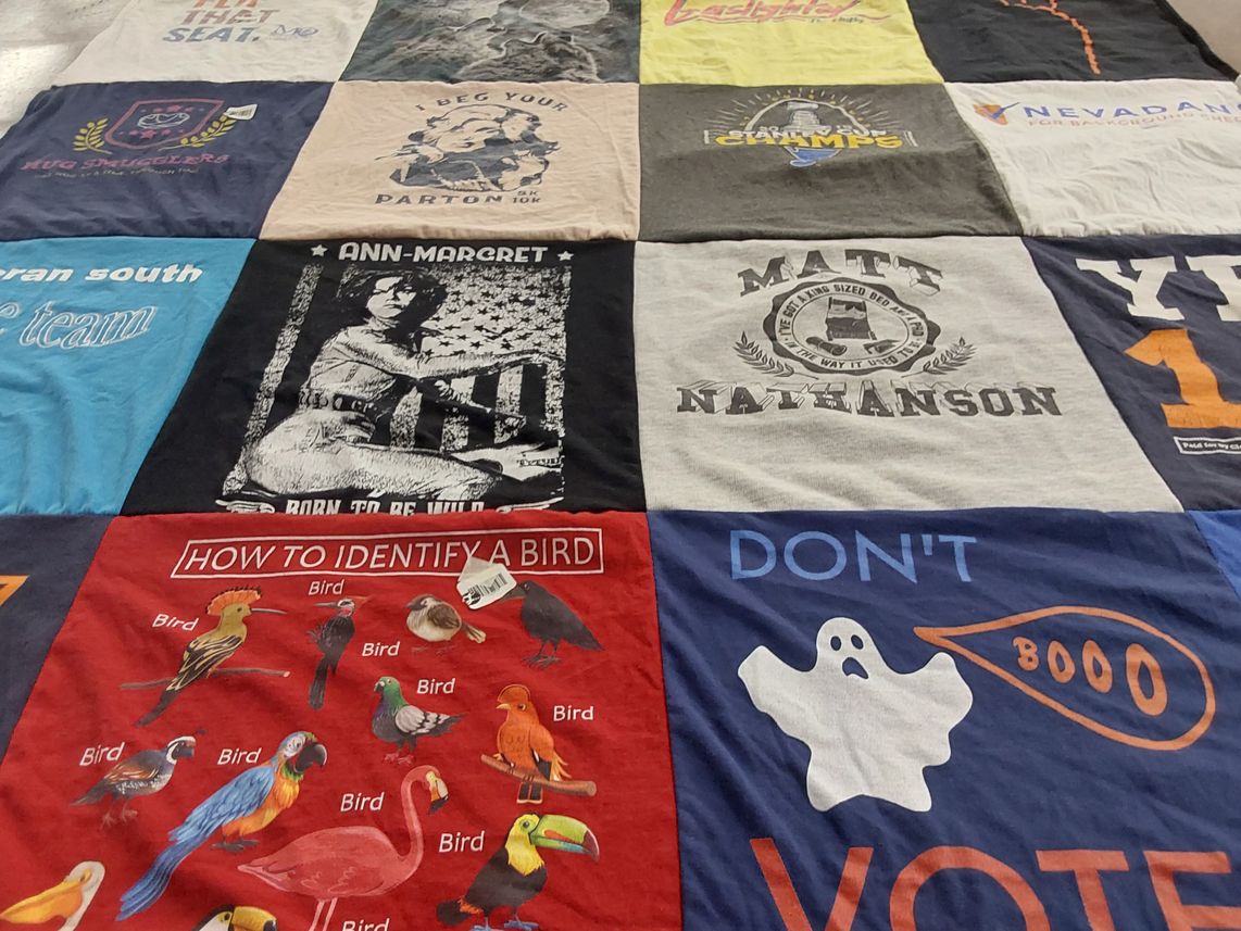 T-shirt quilt with birds, politics themes by ELIZABETH from MO