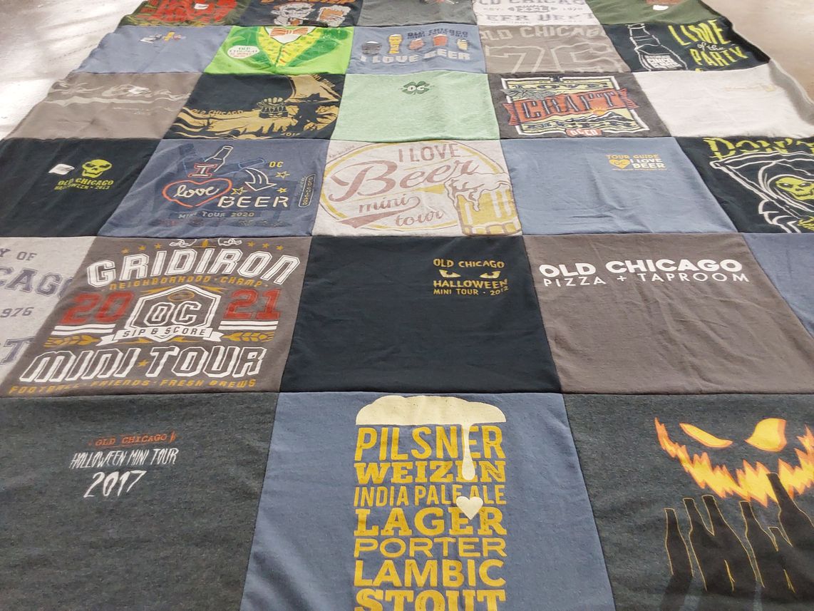 T-shirt quilt with beer, food themes by Karen from CO
