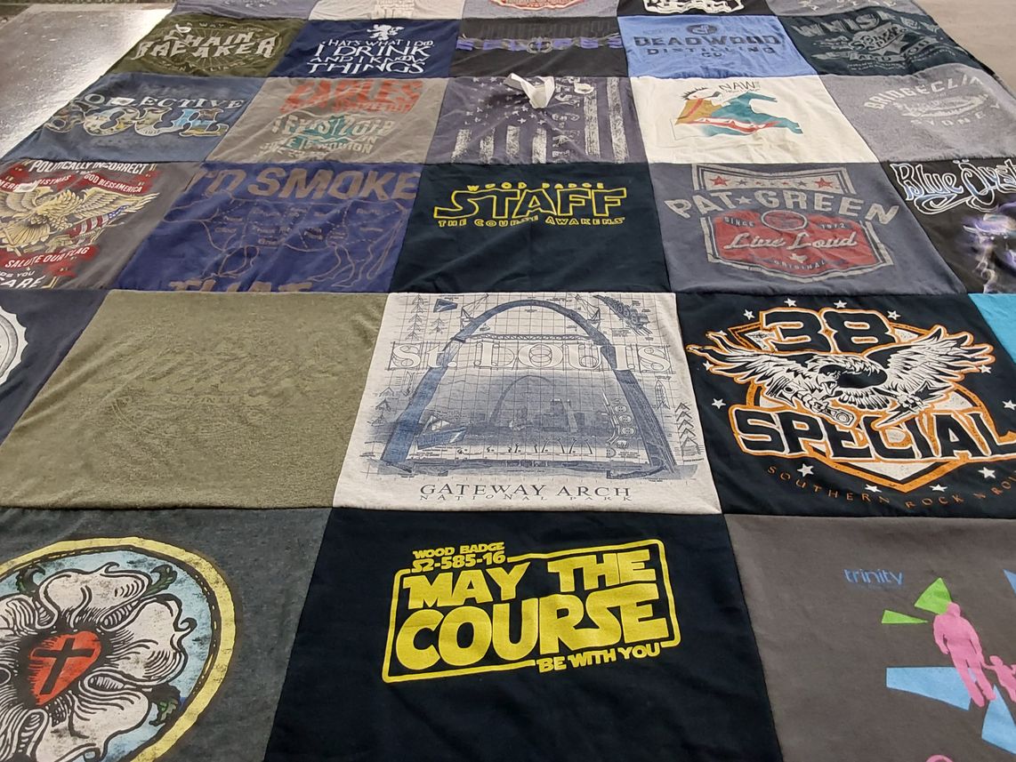 T-shirt quilt with music, outdoor themes by Angela from TX