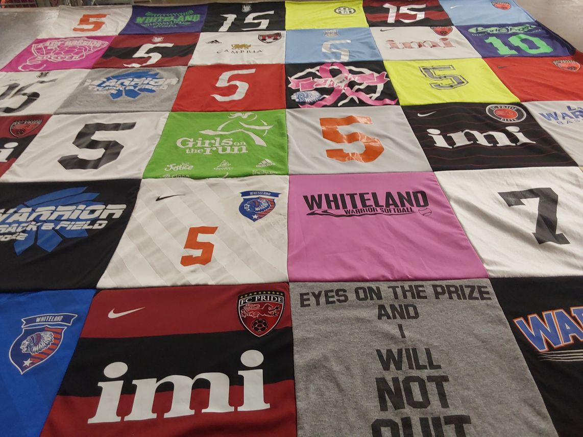 T-shirt quilt featuring whiteland warrior softball team by Lucinda from IN