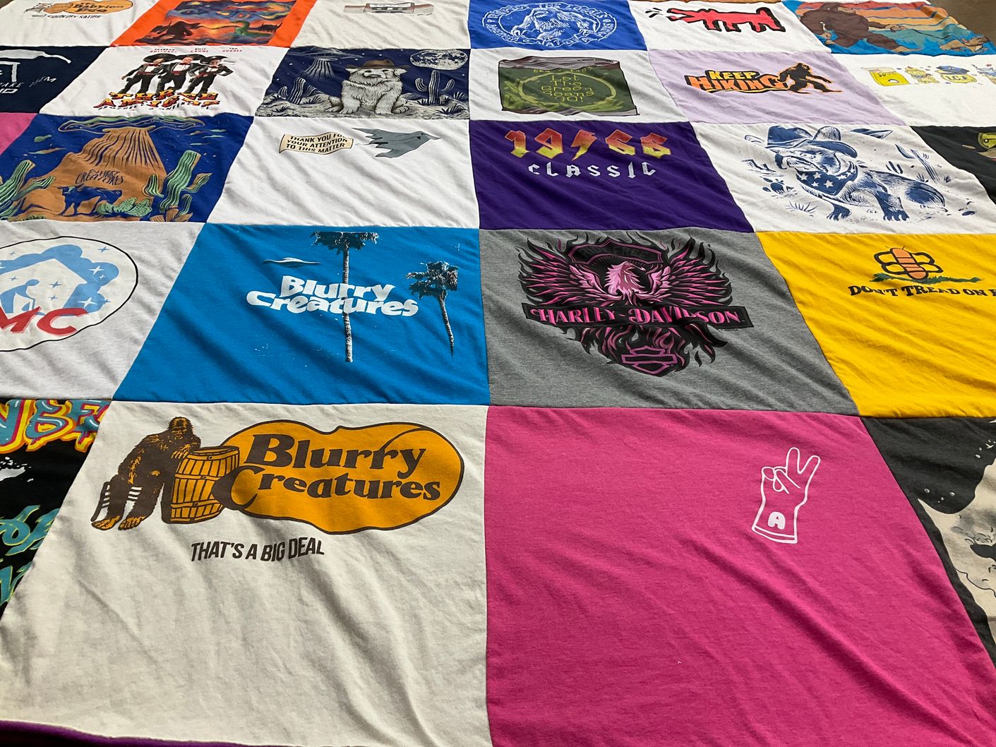 T-shirt quilt with blurry creatures, harley davidson themes by Elizabeth from AZ