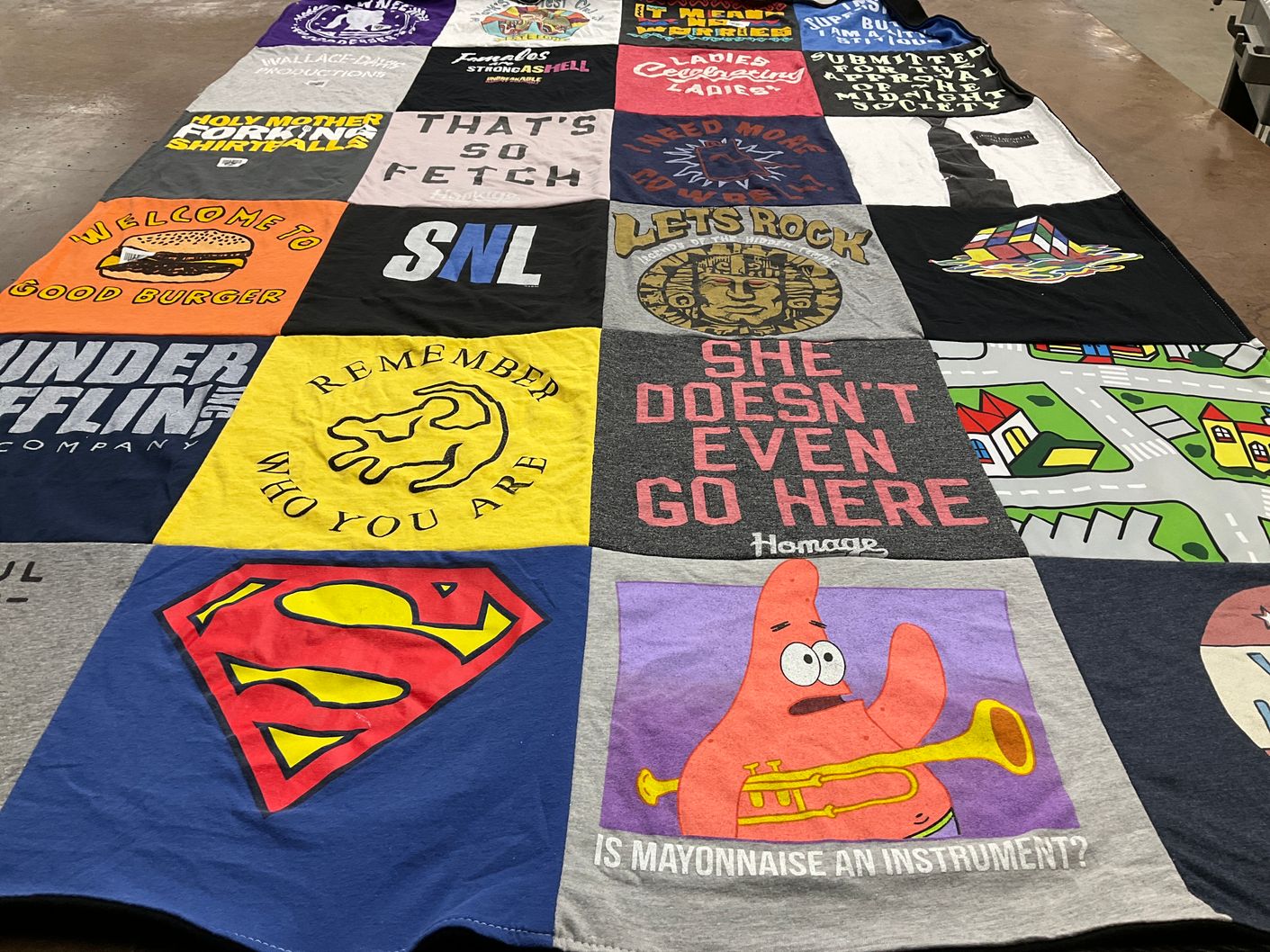 T-shirt quilt with comedy, television themes by Sarah from OH