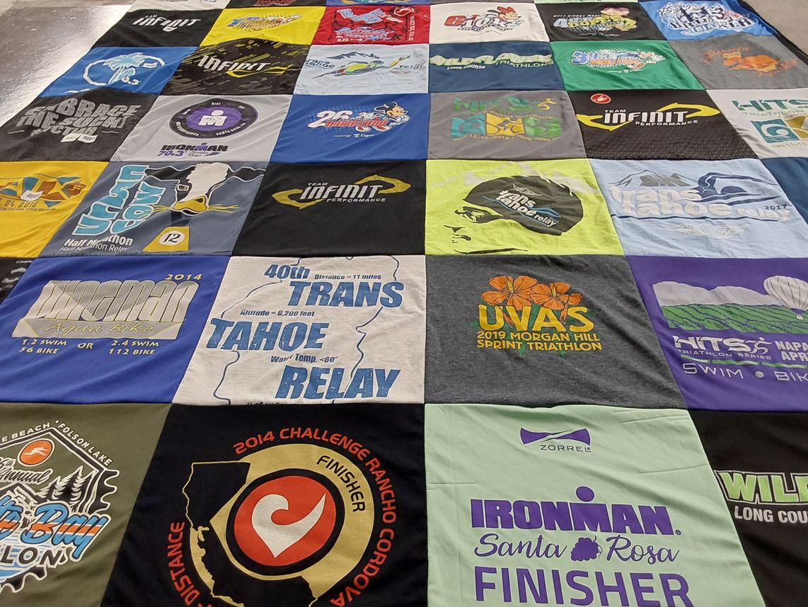 T-shirt quilt with triathlon, endurance sports themes by Kevin from CA