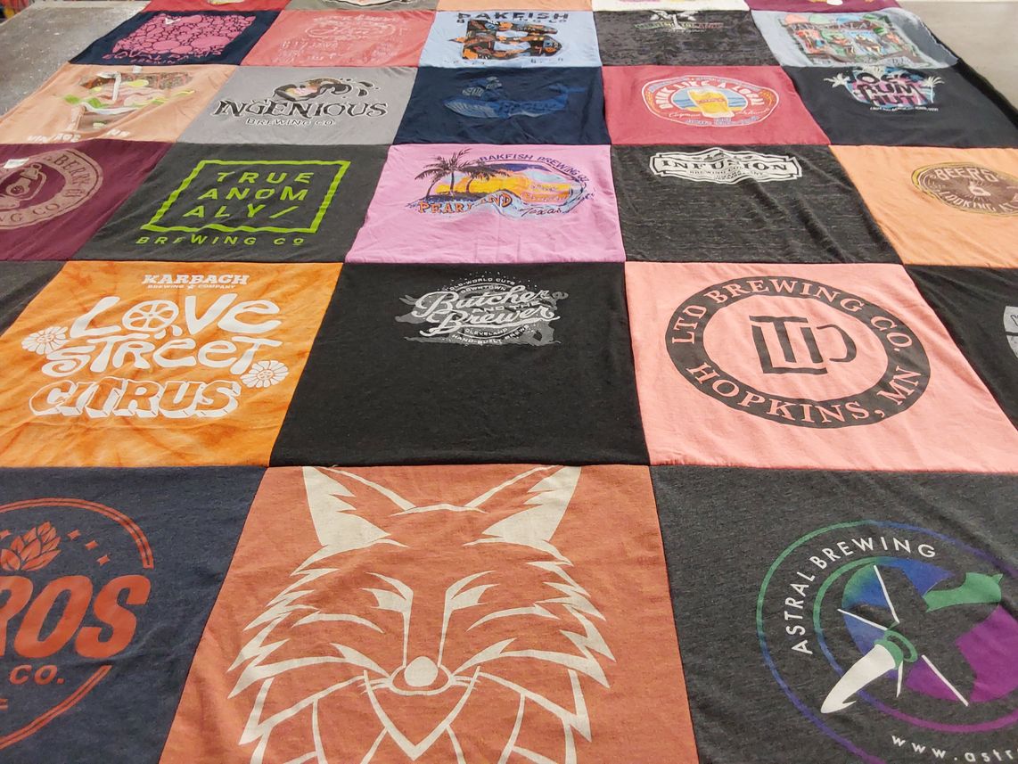 T-shirt quilt with craft beer, breweries themes by Jennifer from TX