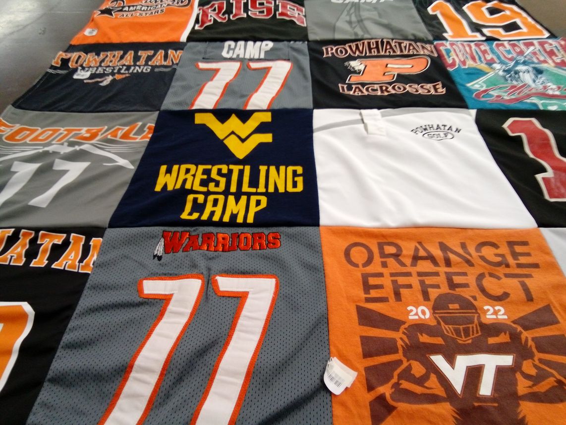 T-shirt quilt featuring powhatan warriors, west virginia mountaineers by Laura from VA