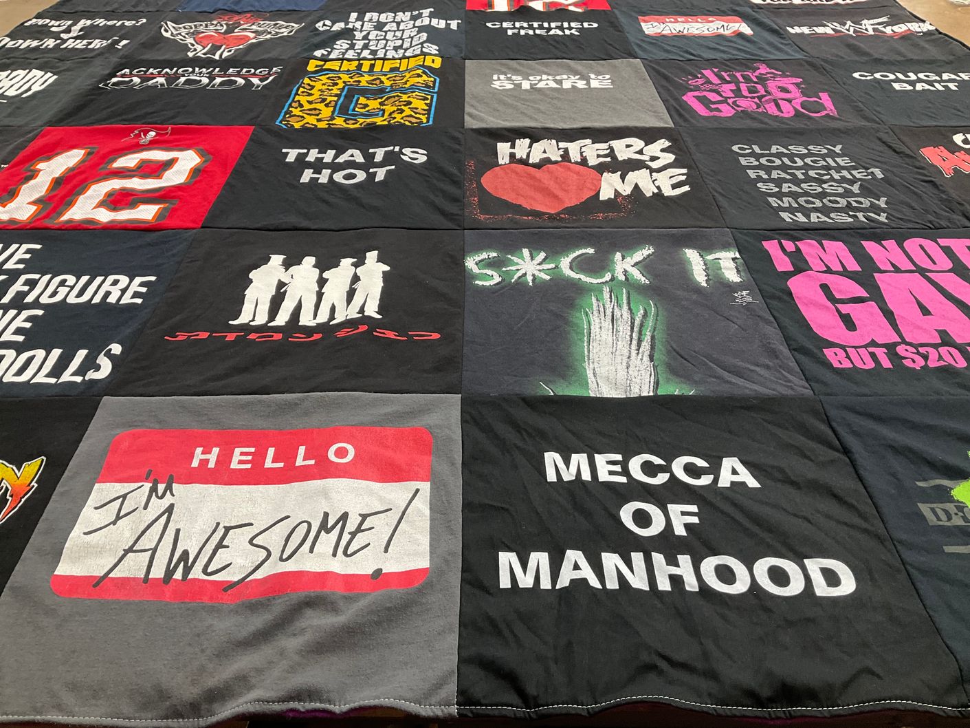 T-shirt quilt with humor, pop culture themes by Kris from CA