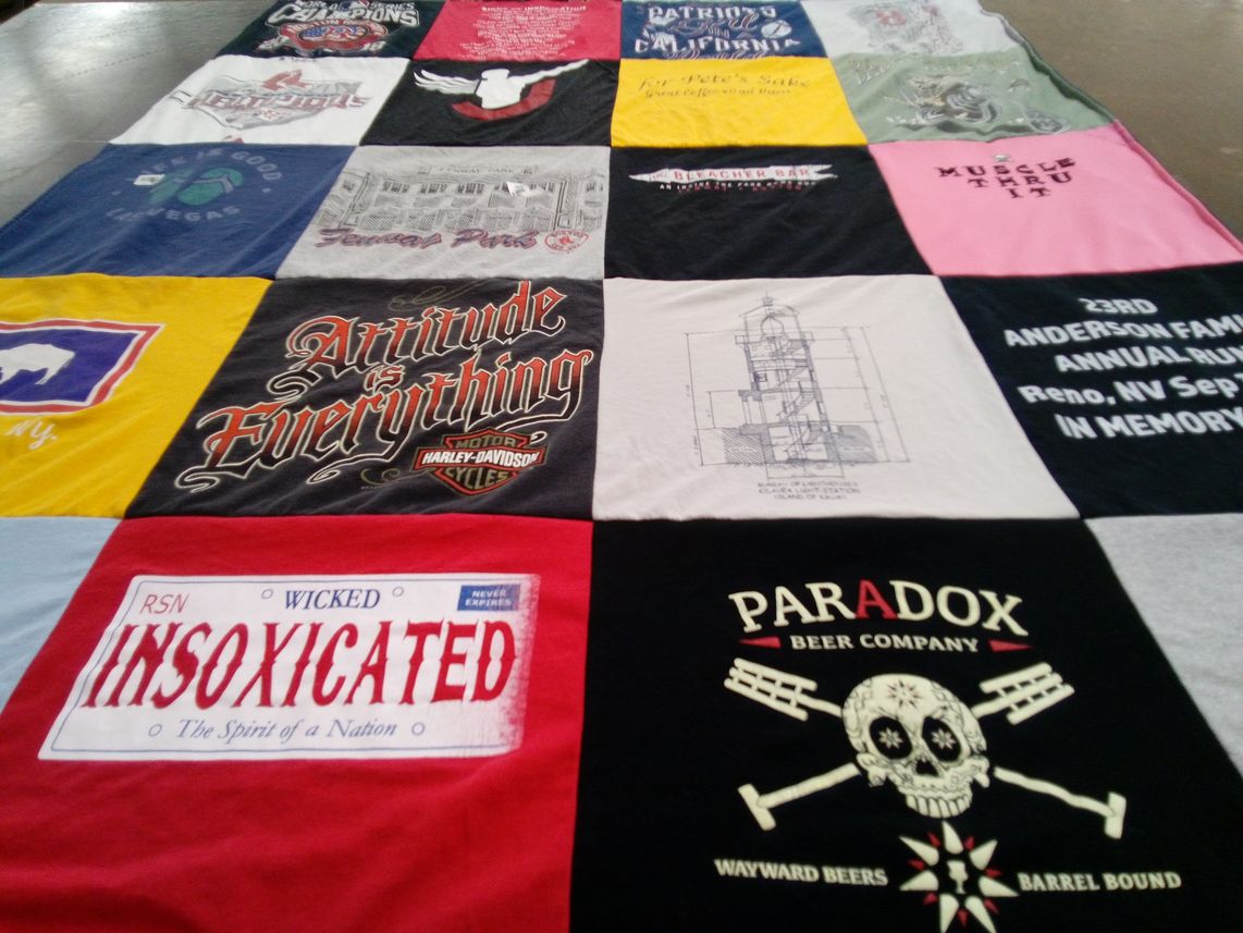 T-shirt quilt with motorcycles, beer themes by Traci from CA