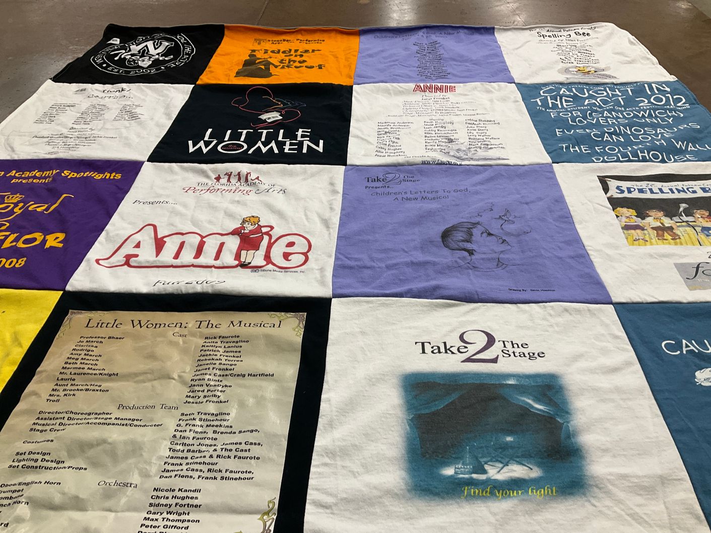 T-shirt quilt with theater, musicals themes by Janet from KY
