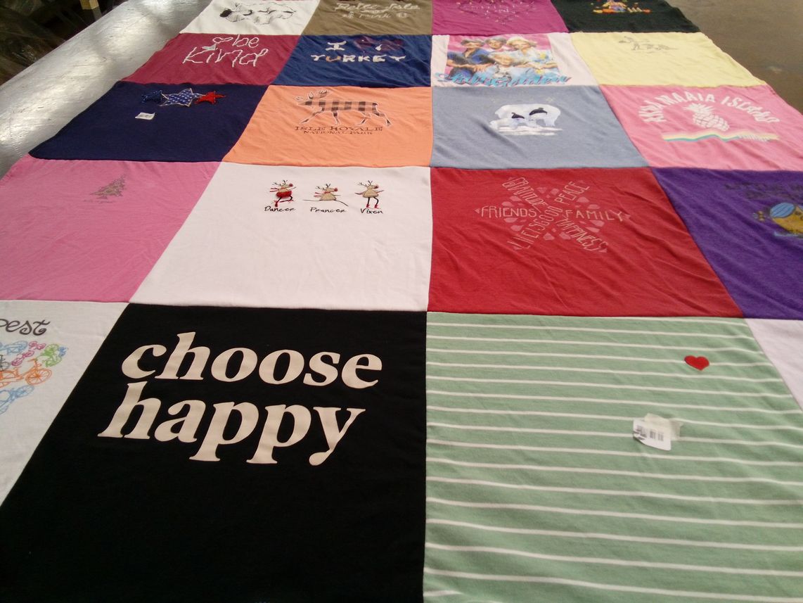 T-shirt quilt with happiness, friendship themes by Mary Ann from MI