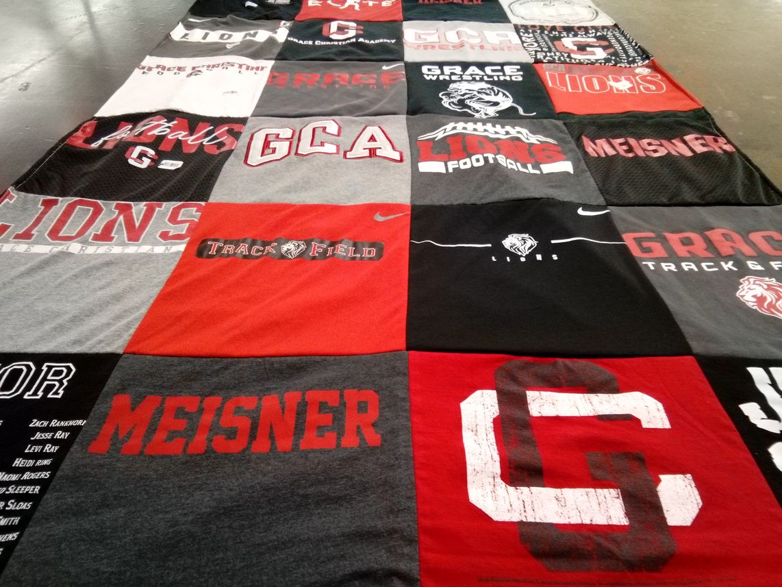 T-shirt quilt featuring grace christian school lions by Beth from TN