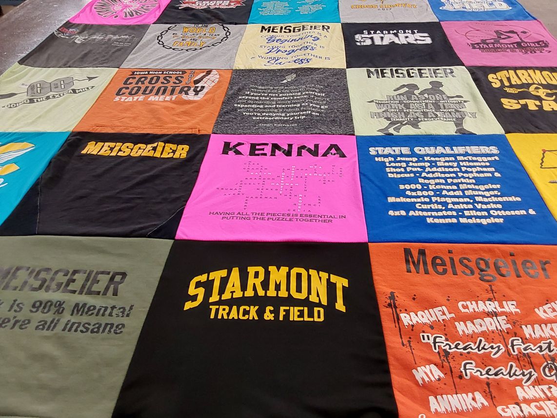 T-shirt quilt featuring starmont track and field by Rebecca from IA