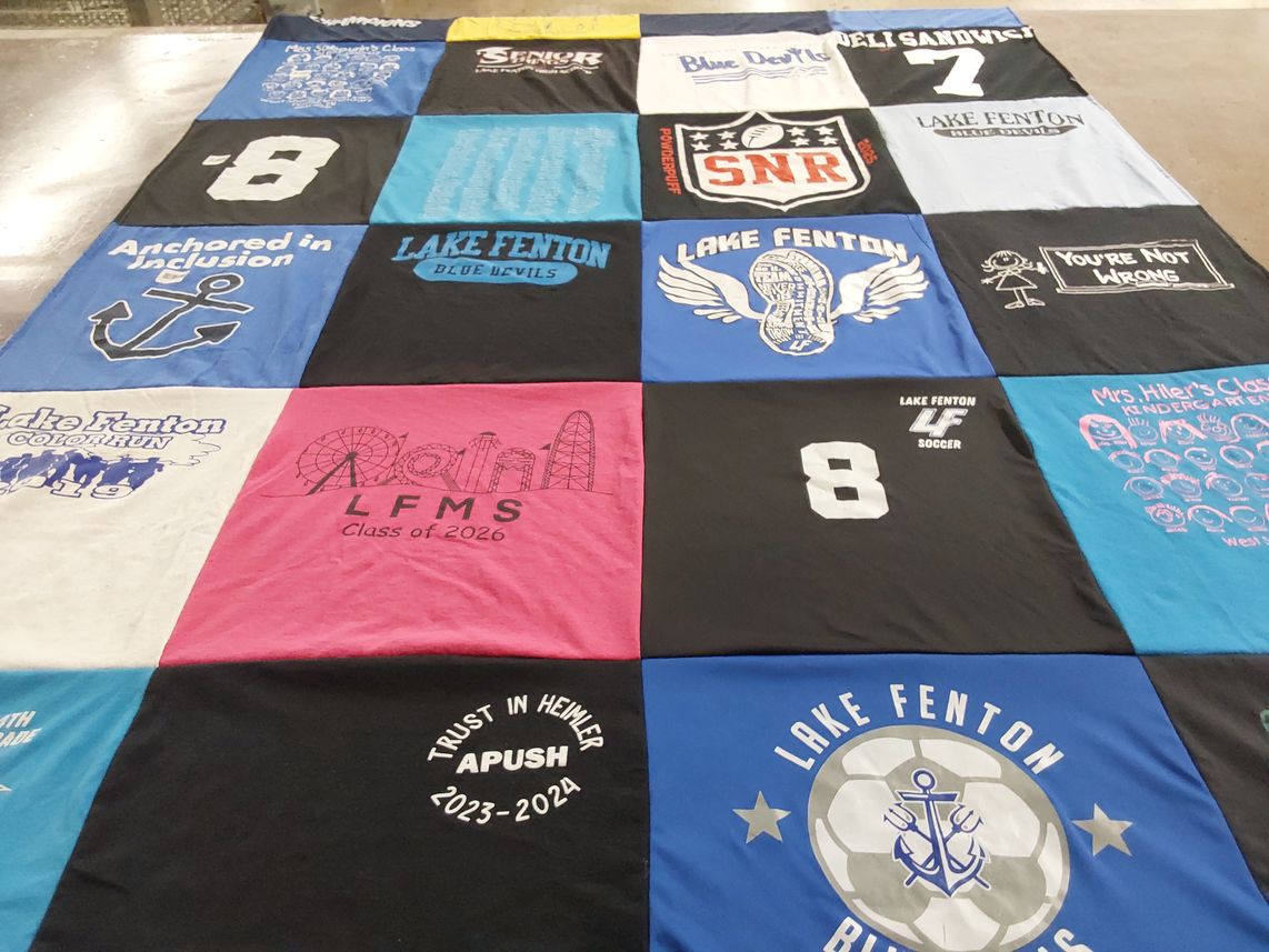 T-shirt quilt featuring lake fenton blue devils, lake fenton soccer by Angelina from MI