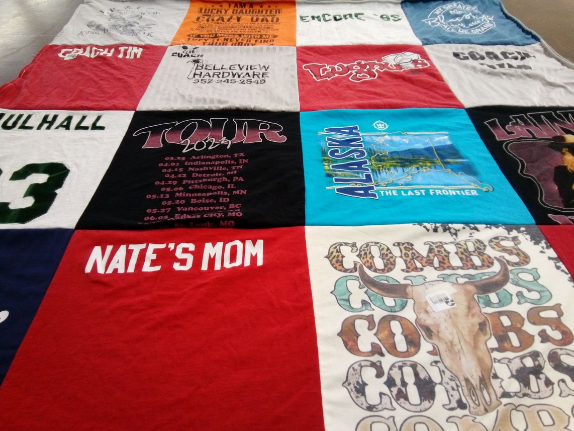 T-shirt quilt with music, travel themes by Tim from FL