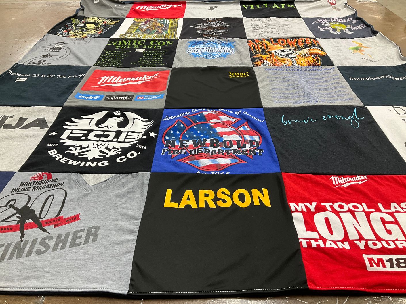 T-shirt quilt with beer, community themes by Jessica from WI