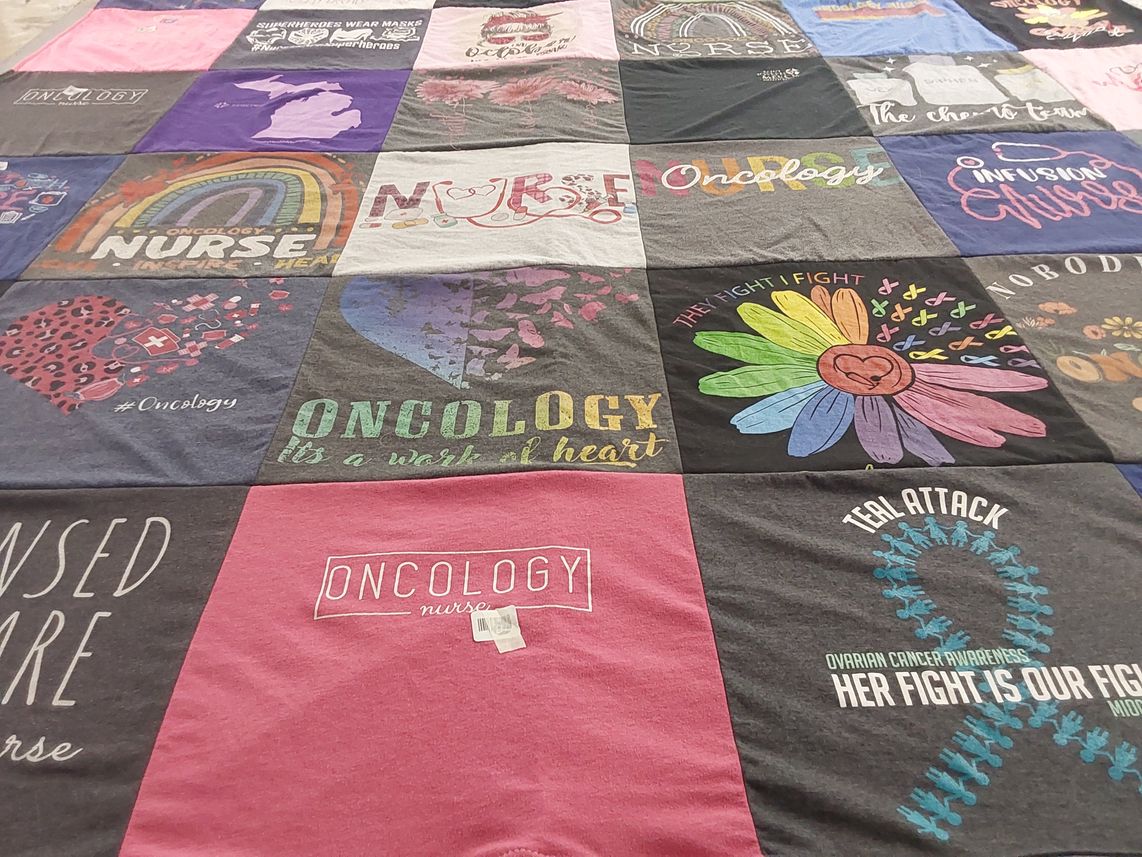 T-shirt quilt with healthcare, nursing themes by Laurie-Anne from MI