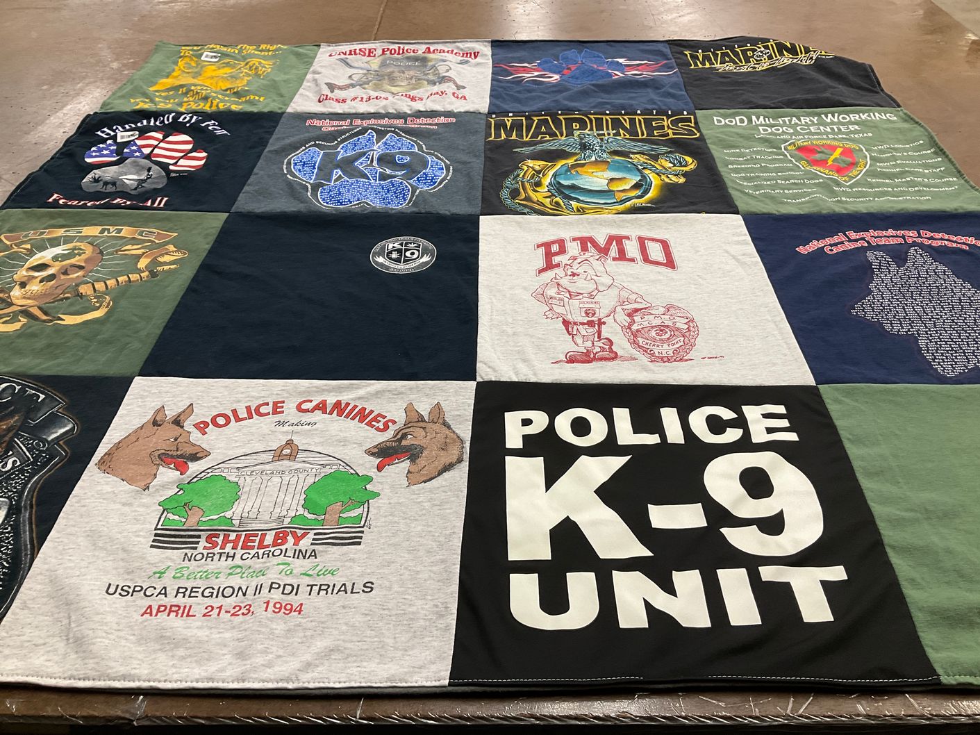 T-shirt quilt with law enforcement, military themes by Sharon from LA