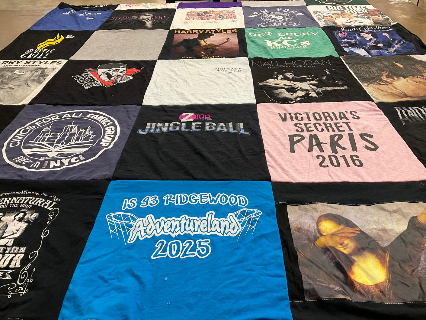 T-shirt quilt with music, concerts themes by Victoria from NY