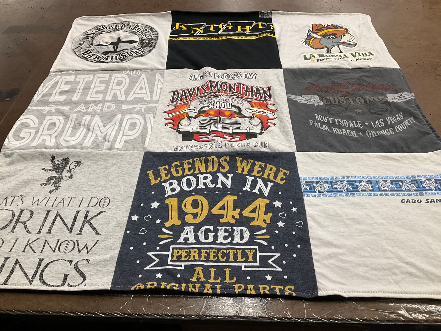 T-shirt quilt with motorcycling, drinking themes by Shauna from AZ