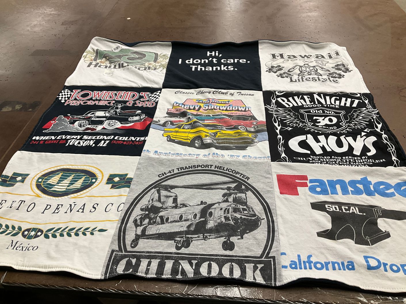 T-shirt quilt with cars, motorcycles themes by Shauna from AZ