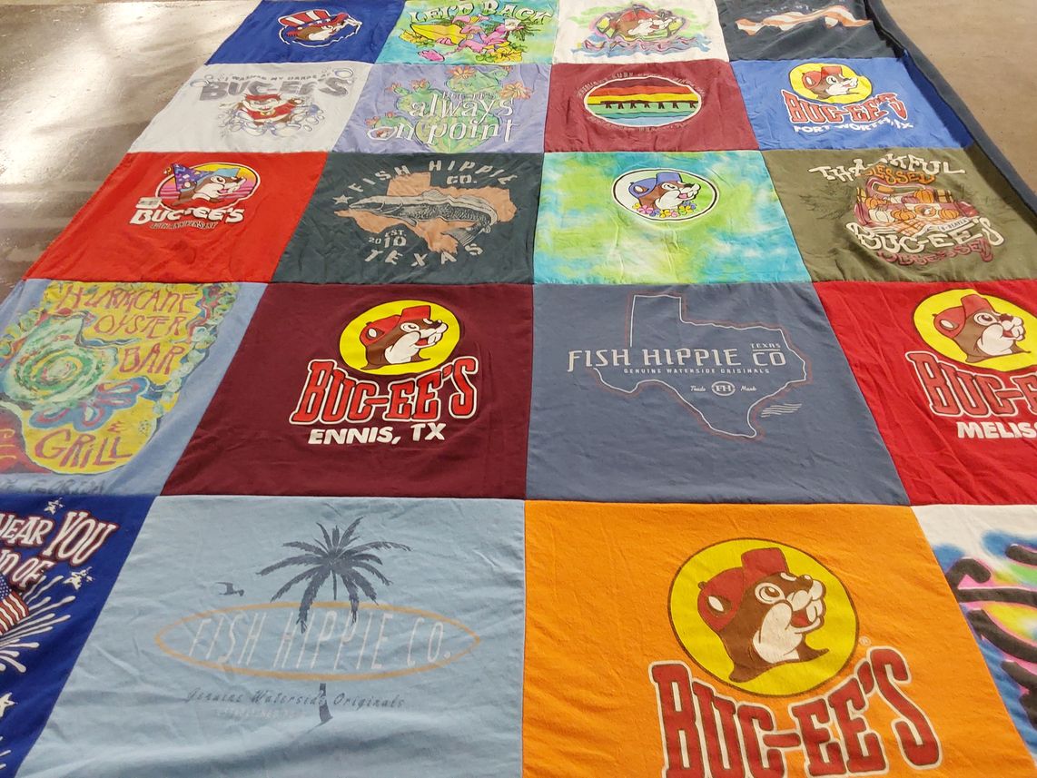 T-shirt quilt with texas, restaurants themes by Stacy from OK