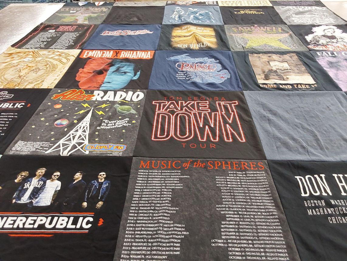 T-shirt quilt with music, concerts themes by Irene from IL