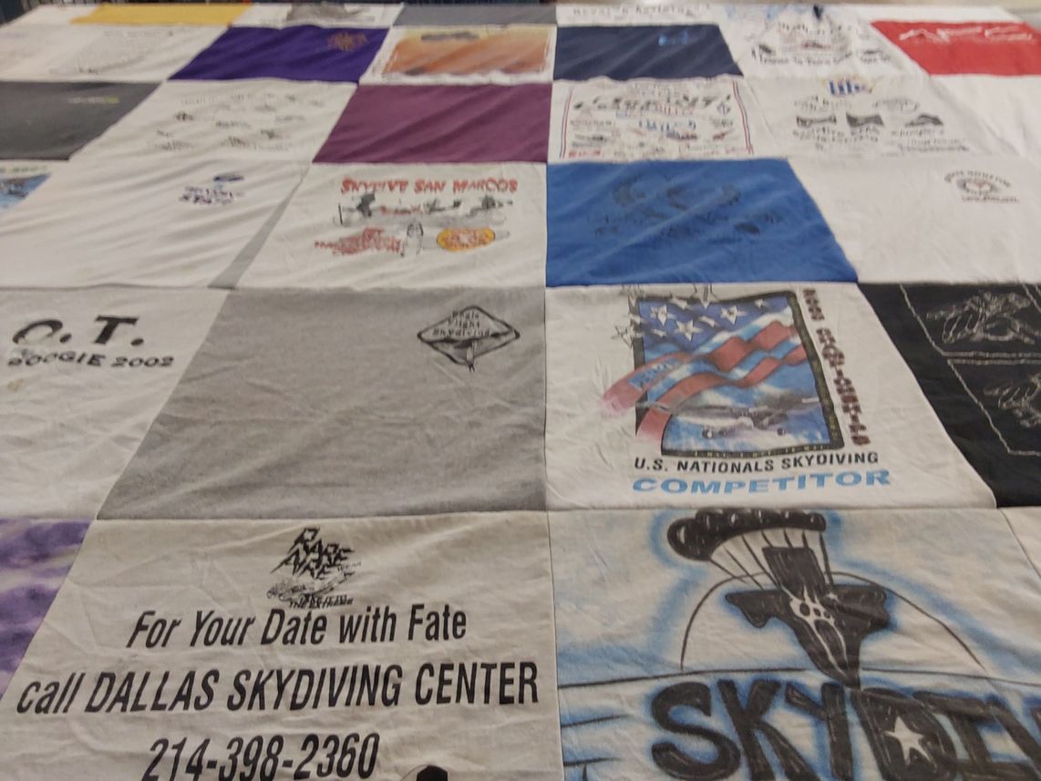 T-shirt quilt with skydiving themes by Perry from TX